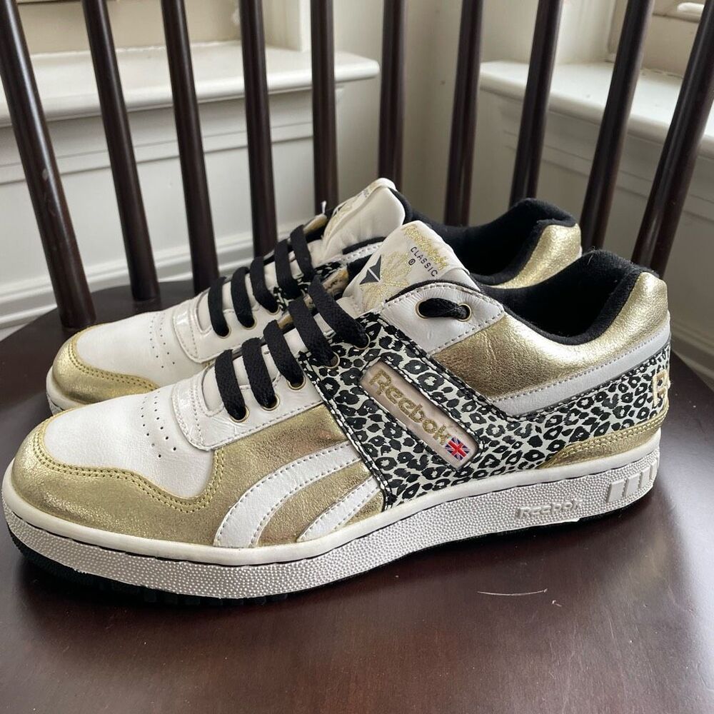 Reebok Gold Foil Leopard Print Sneakers Athletic Shoes 9.5